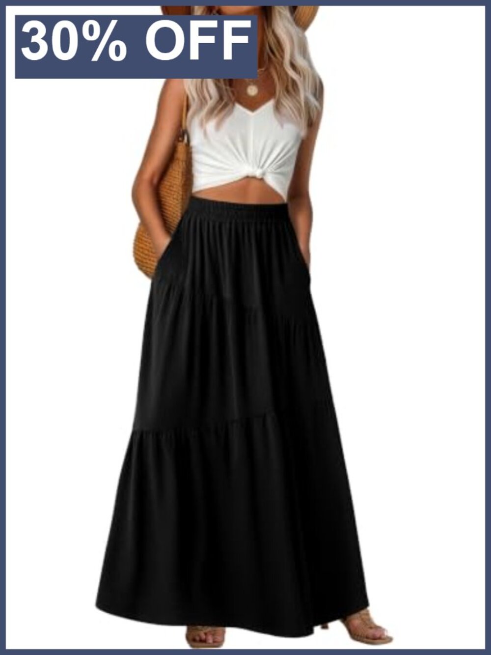 High Waist Tiered Maxi Skirt with Pockets A-Line Flowy Boho
